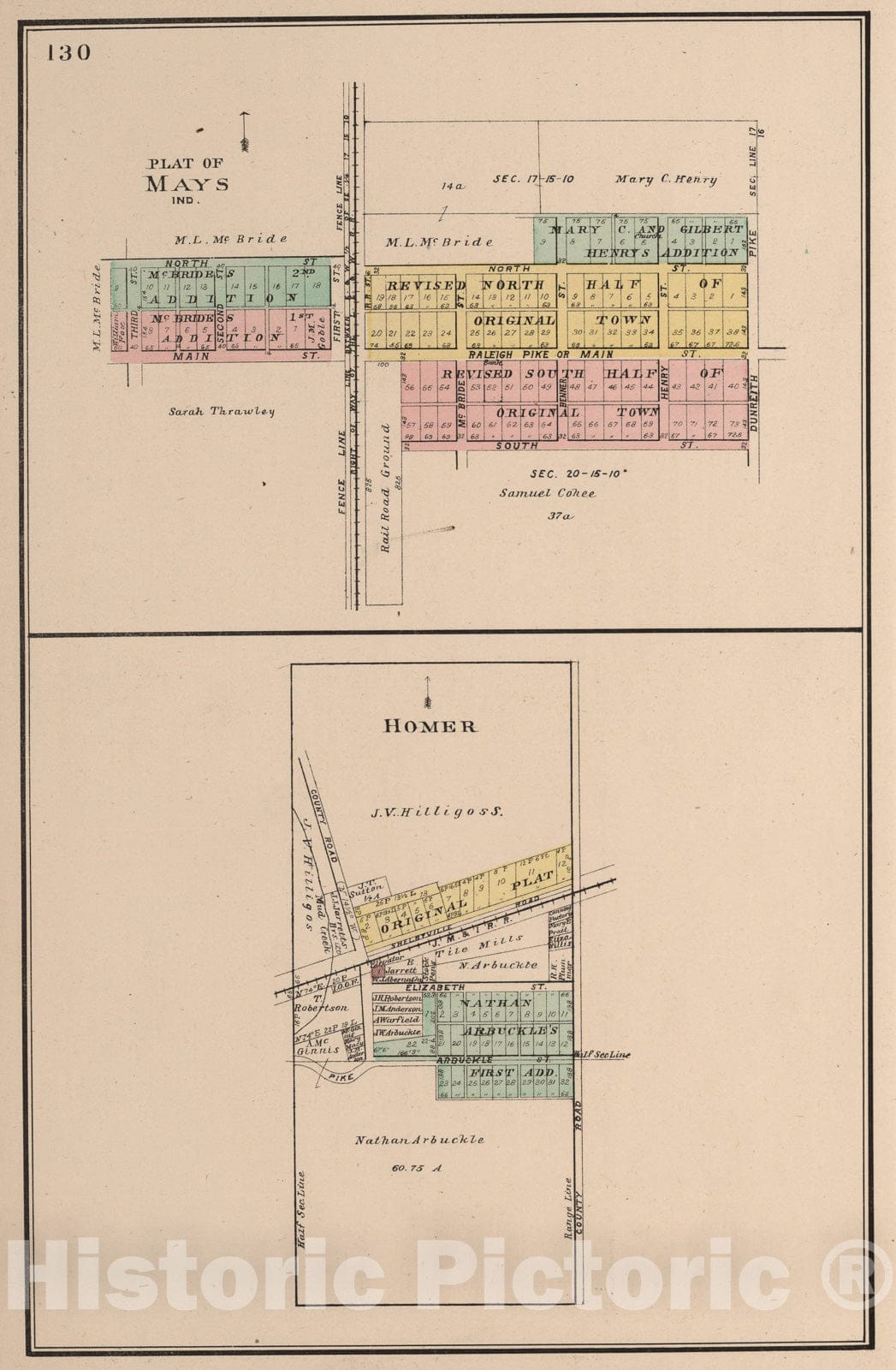 Historic Map : May and Homer, Rush County, Indiana., 1908, Vintage Wall Art