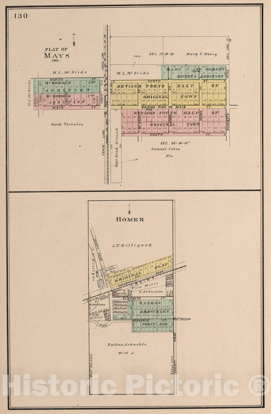 Historic Map : May and Homer, Rush County, Indiana., 1908, Vintage Wall Art