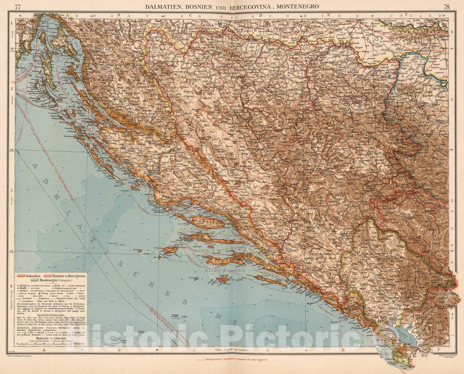 Historic Map : Dalmatien, Bosnien und Hercegovina, Montenegro, 1905, Vintage Wall Art