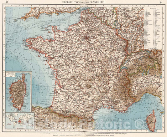 Historic Map : Ubersichtskarte von Frankreich, 1905, Vintage Wall Art