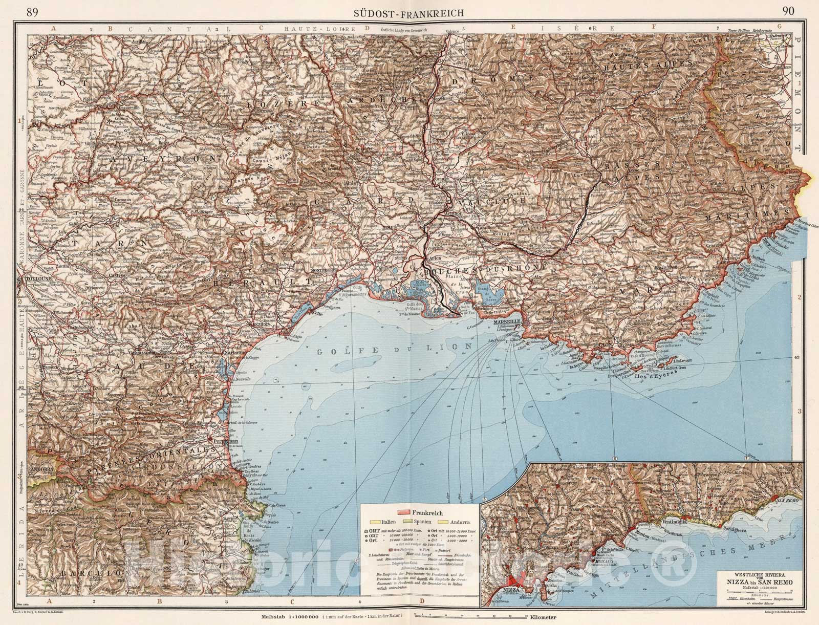 Historic Map : Sudost-Frankreich, 1905, Vintage Wall Art
