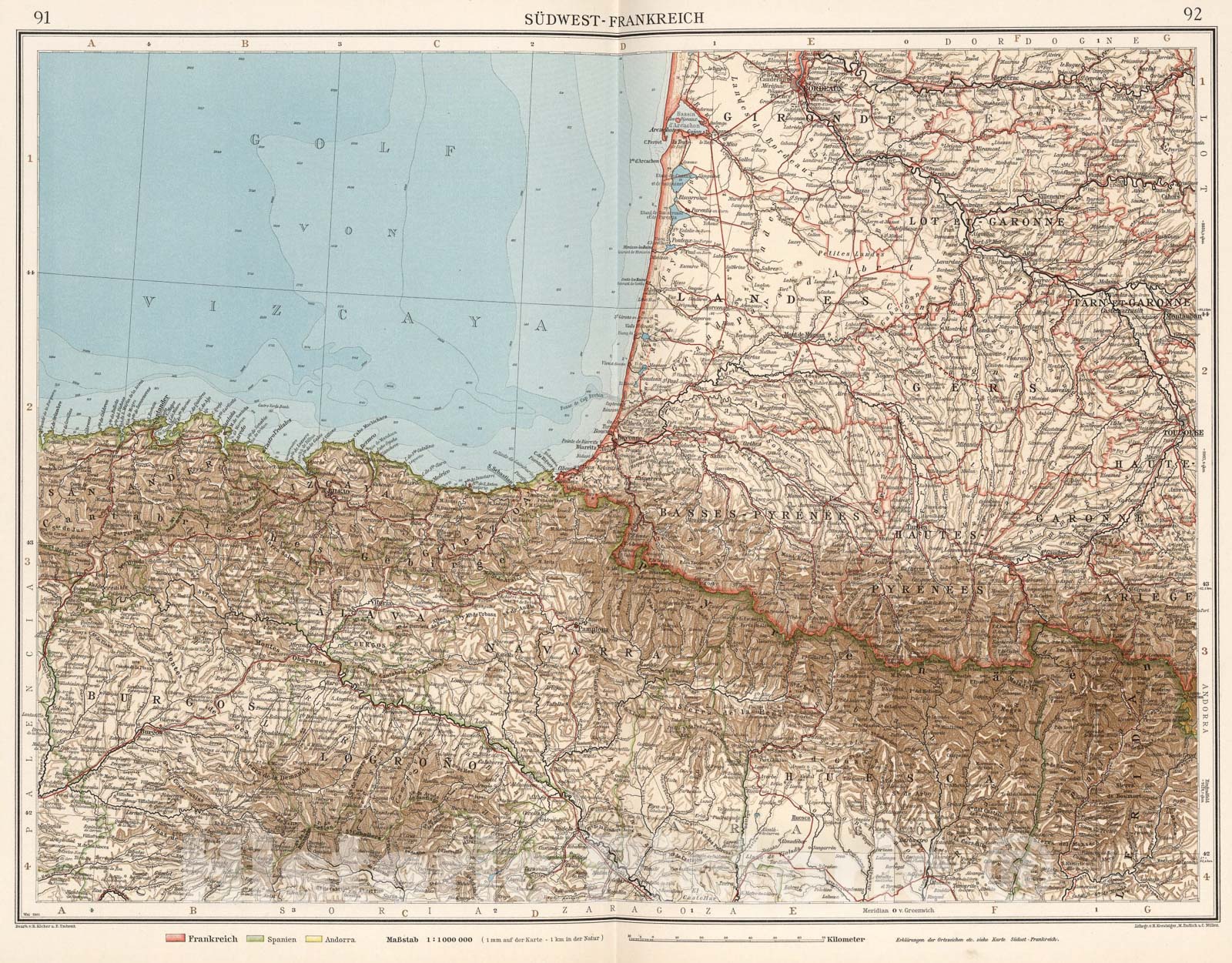 Historic Map : Sudwest-Frankreich, 1905, Vintage Wall Art