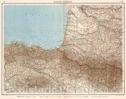Historic Map : Sudwest-Frankreich, 1905, Vintage Wall Art