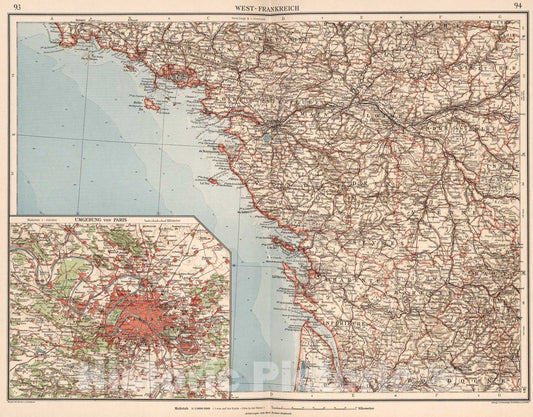 Historic Map : West-Frankreich, 1905, Vintage Wall Art