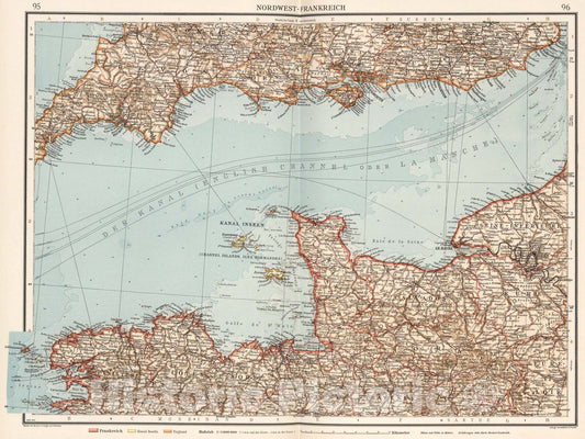 Historic Map : Nordwest-Frankreich, 1905, Vintage Wall Art