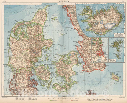 Historic Map : Danemark, 1905, Vintage Wall Art