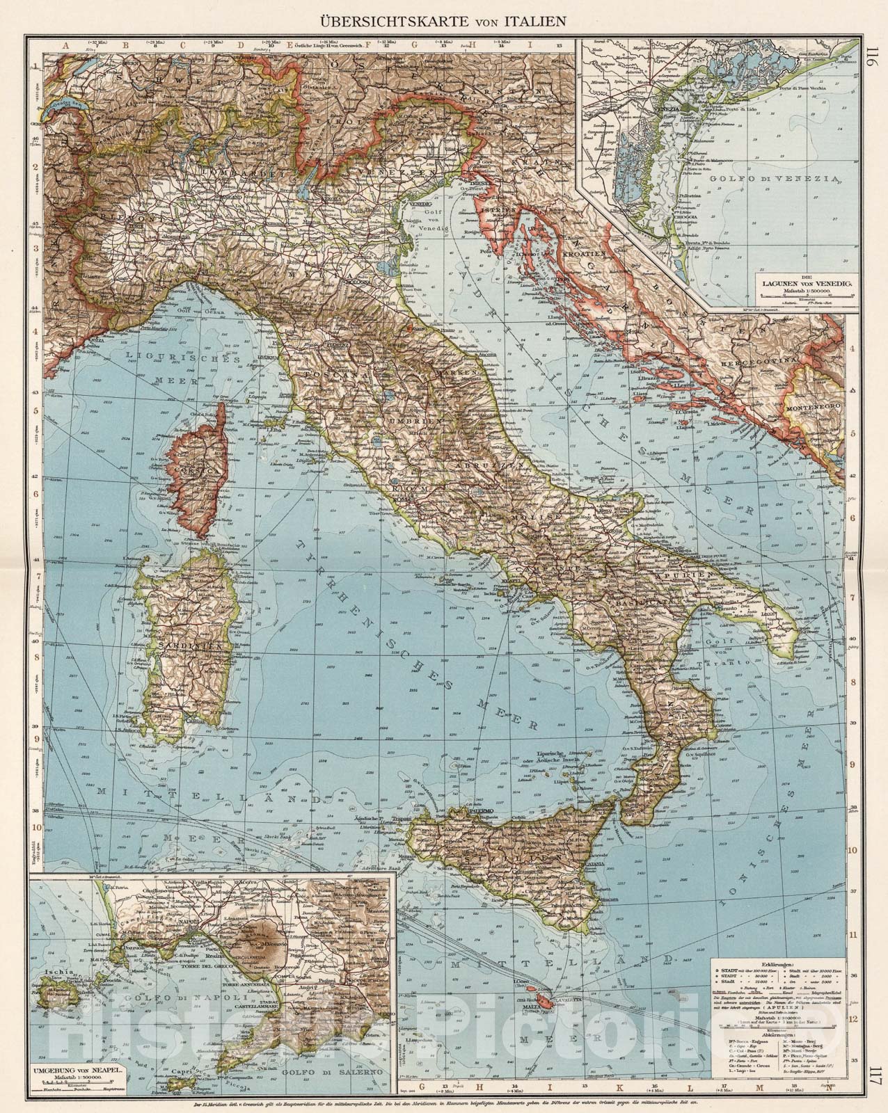 Historic Map : Ubersichtskarte von Italien, 1905, Vintage Wall Art