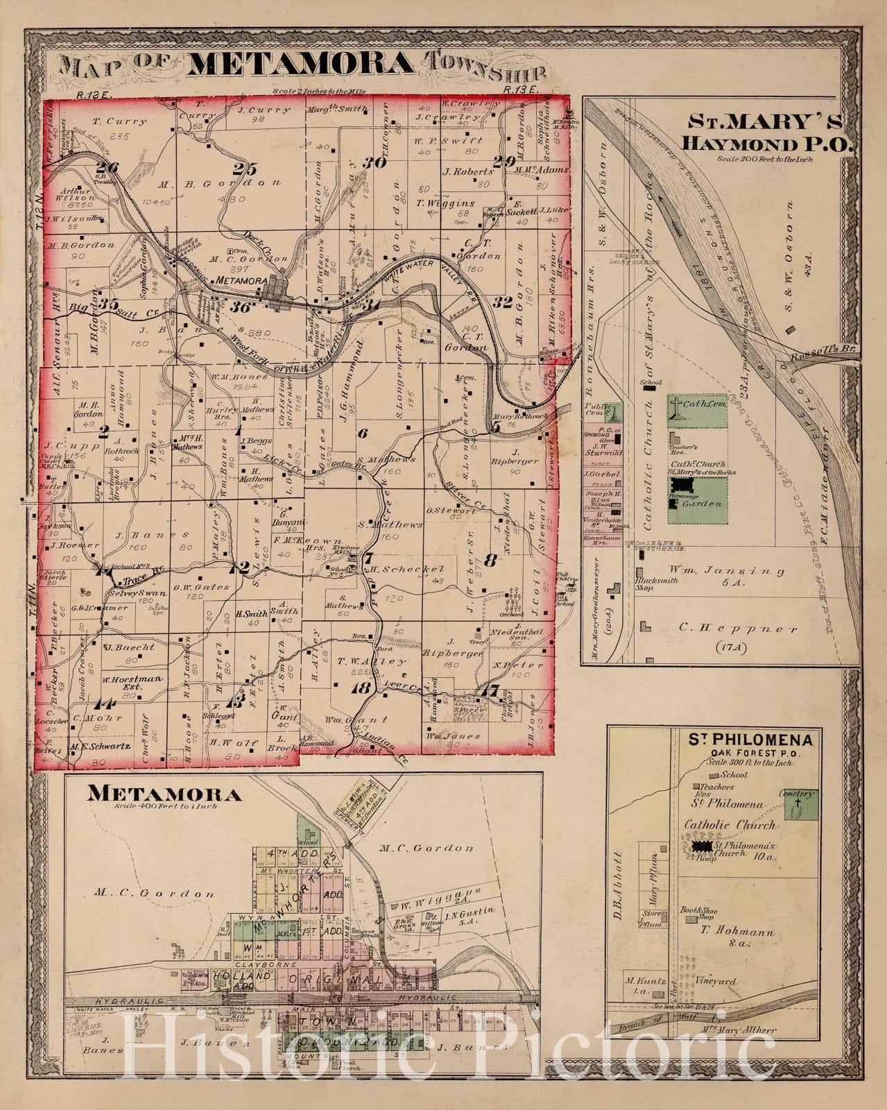 Historic Map : Metamora Township, Franklin County, Indiana. Metamora. St. Mary's Haymond P.O. St. Philomena, Oak Forest P.O., 1882, Vintage Wall Art