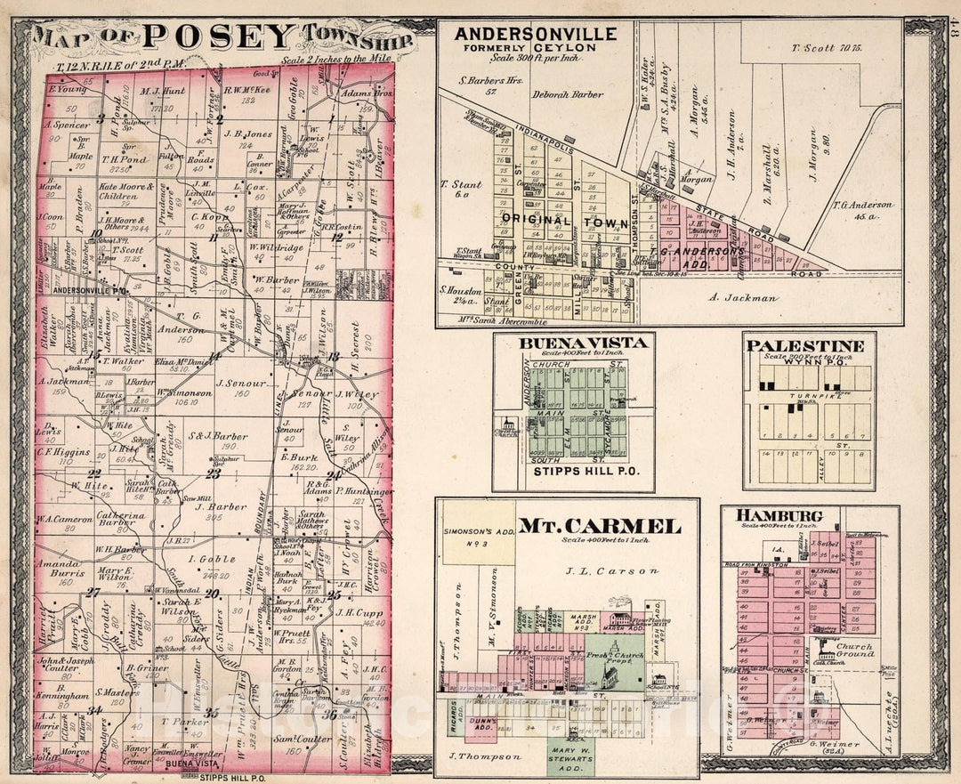 Historic Map : Posey Township, Franklin County, Indiana. Andersonville (Formerly Ceylon), Mt. Carmel, Buena Vista, Hamburg, and Palestine., 1882, Vintage Wall Art