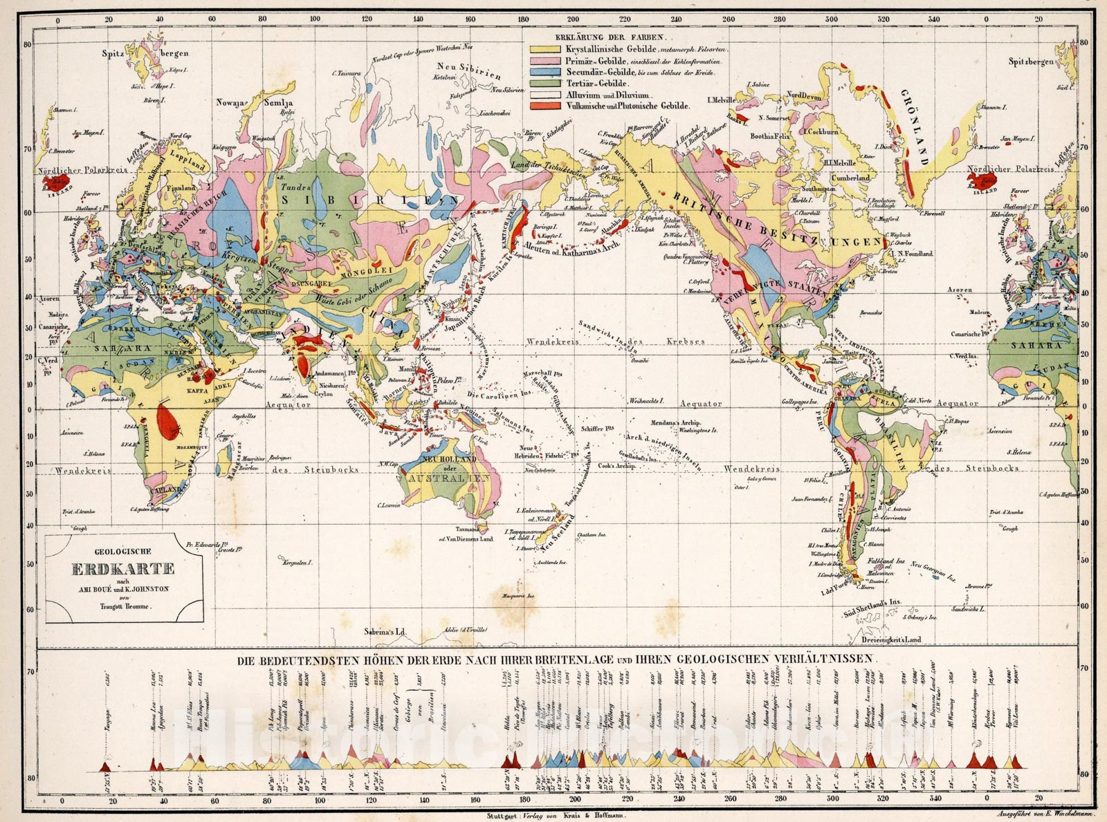 Historic Map : 9. Geologische Erdkarte nach Ami Boue und K. Johnston von Traugott Bromme, 1851, Vintage Wall Art