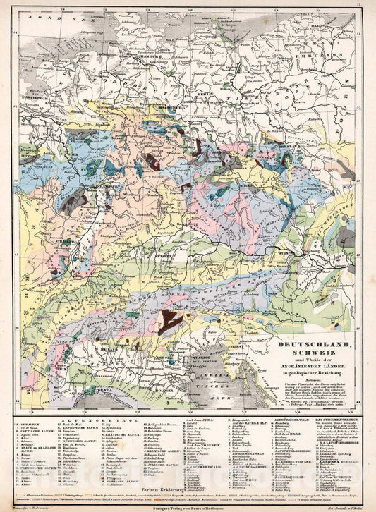 Historic Map : 11. Deutschland, Schweiz und Theile der angrÃ¤nzenden LÃ¤nder in geologischer Beziehung, 1851, Vintage Wall Art