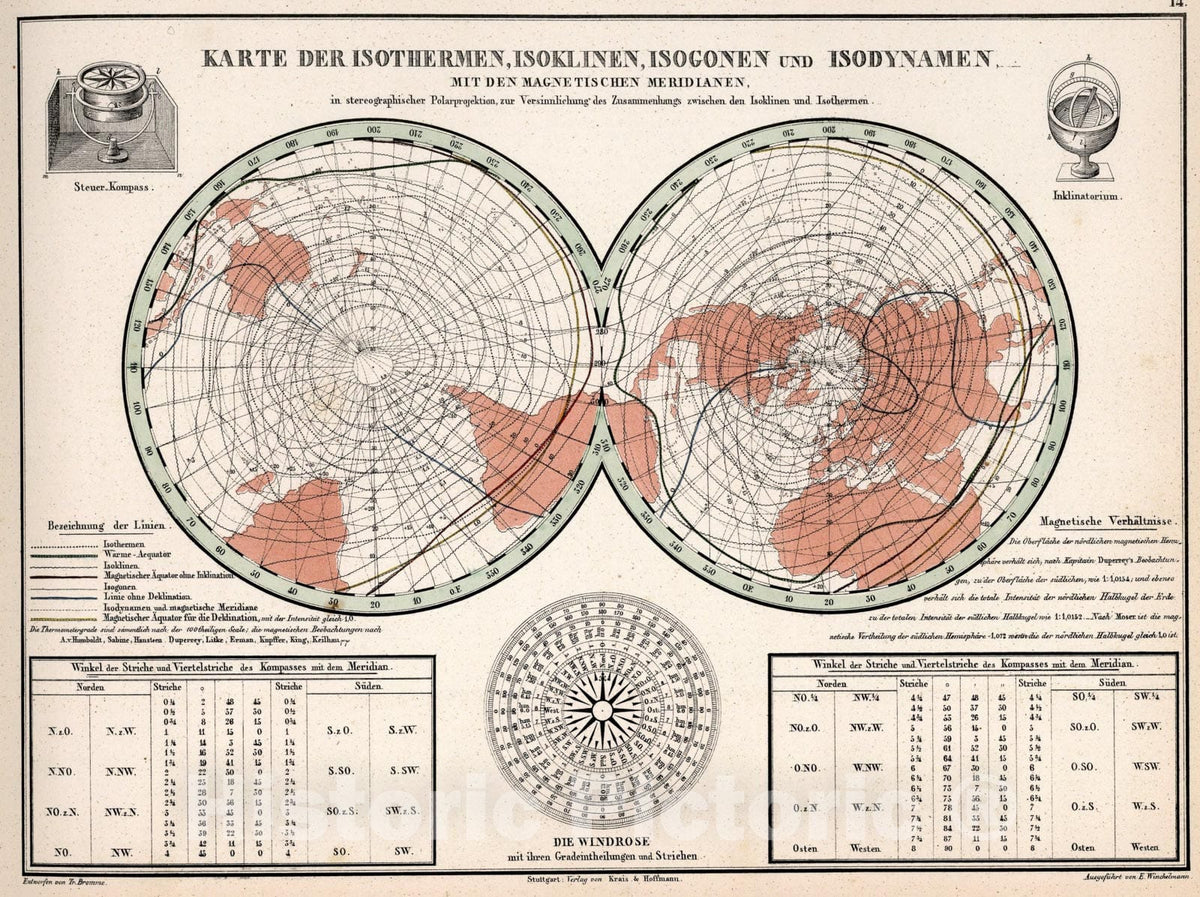 Historic Map : 14. Karte der Isothermen, Isoklinen, Isogonen und Isodynamen, 1851, Vintage Wall Art