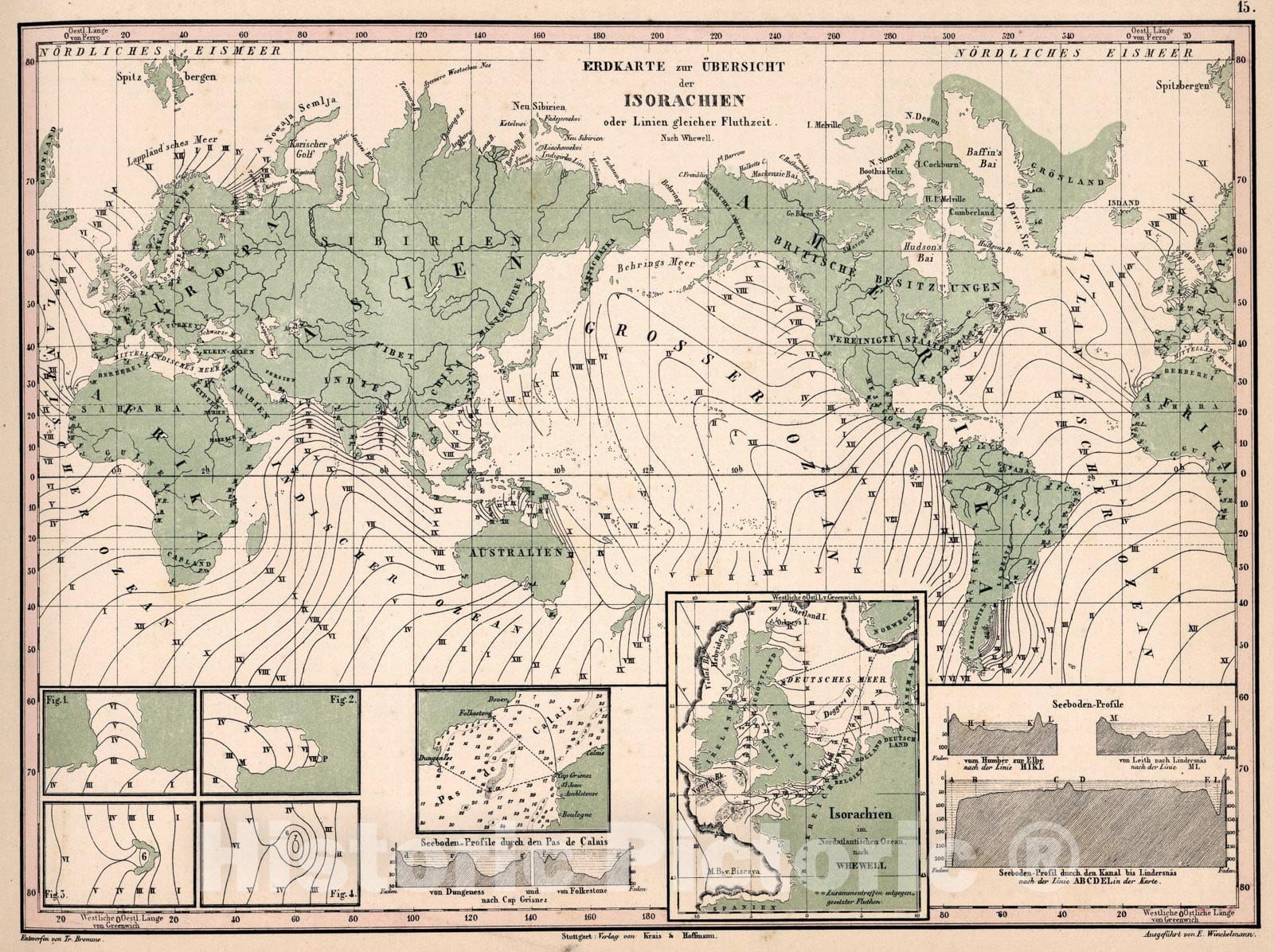 Historic Map : 15. Erdkarte zur ubersicht der Isorachien oder Linien gleicher Fluthzeit, 1851, Vintage Wall Art