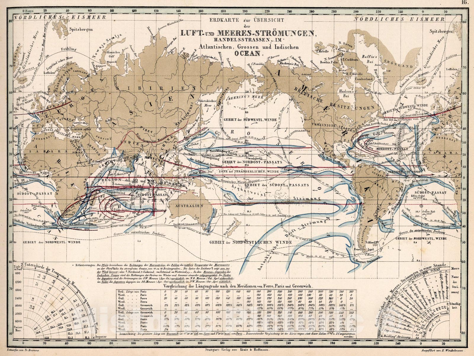 Historic Map : 16. Erdkarte zur ?bersicht der Luft- und Meeres-StrÃ¶mungen, 1851, Vintage Wall Art