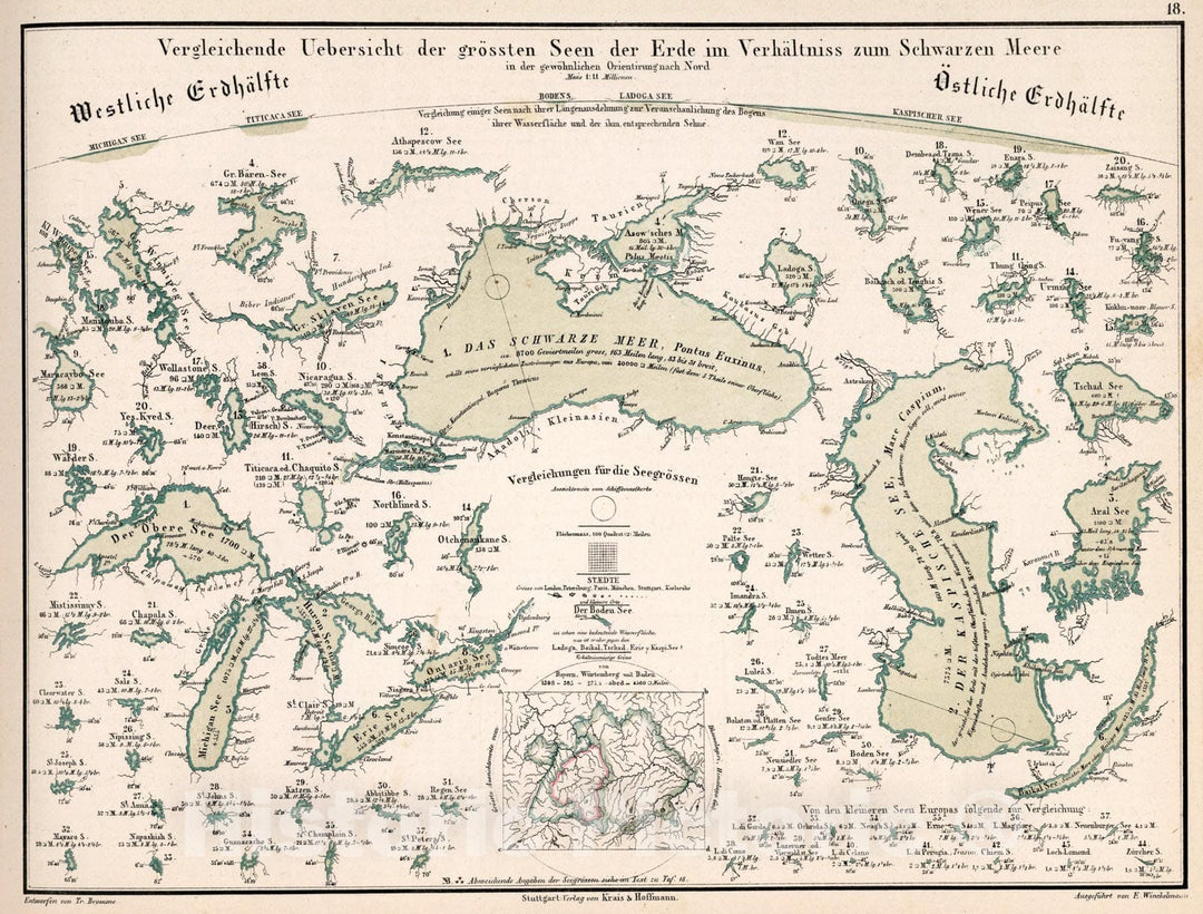 Historic Map : 18. Vergleichende Uebersicht der grossten Seen der Erde im Verhltniss zum Schwarzen Meere, 1851, Vintage Wall Art