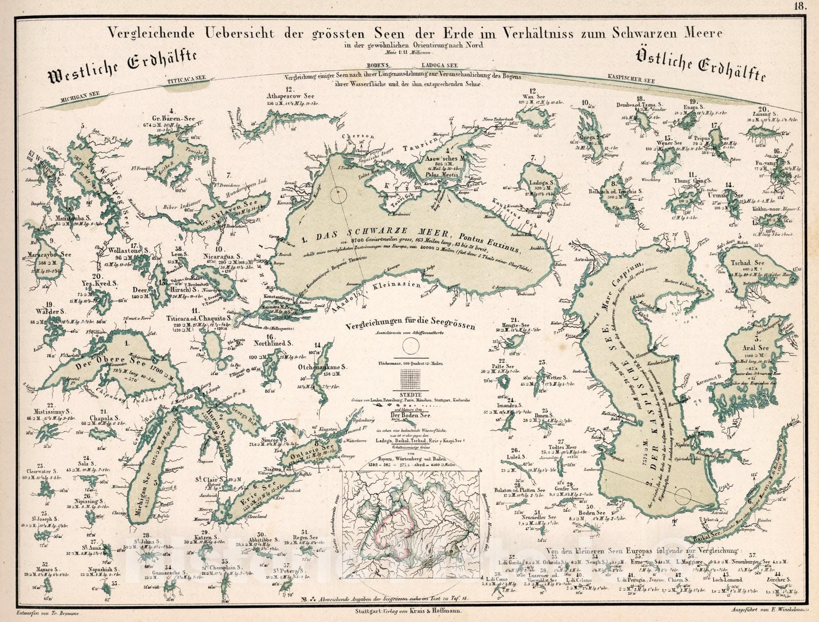 Historic Map : 18. Vergleichende Uebersicht der grossten Seen der Erde im Verhltniss zum Schwarzen Meere, 1851, Vintage Wall Art