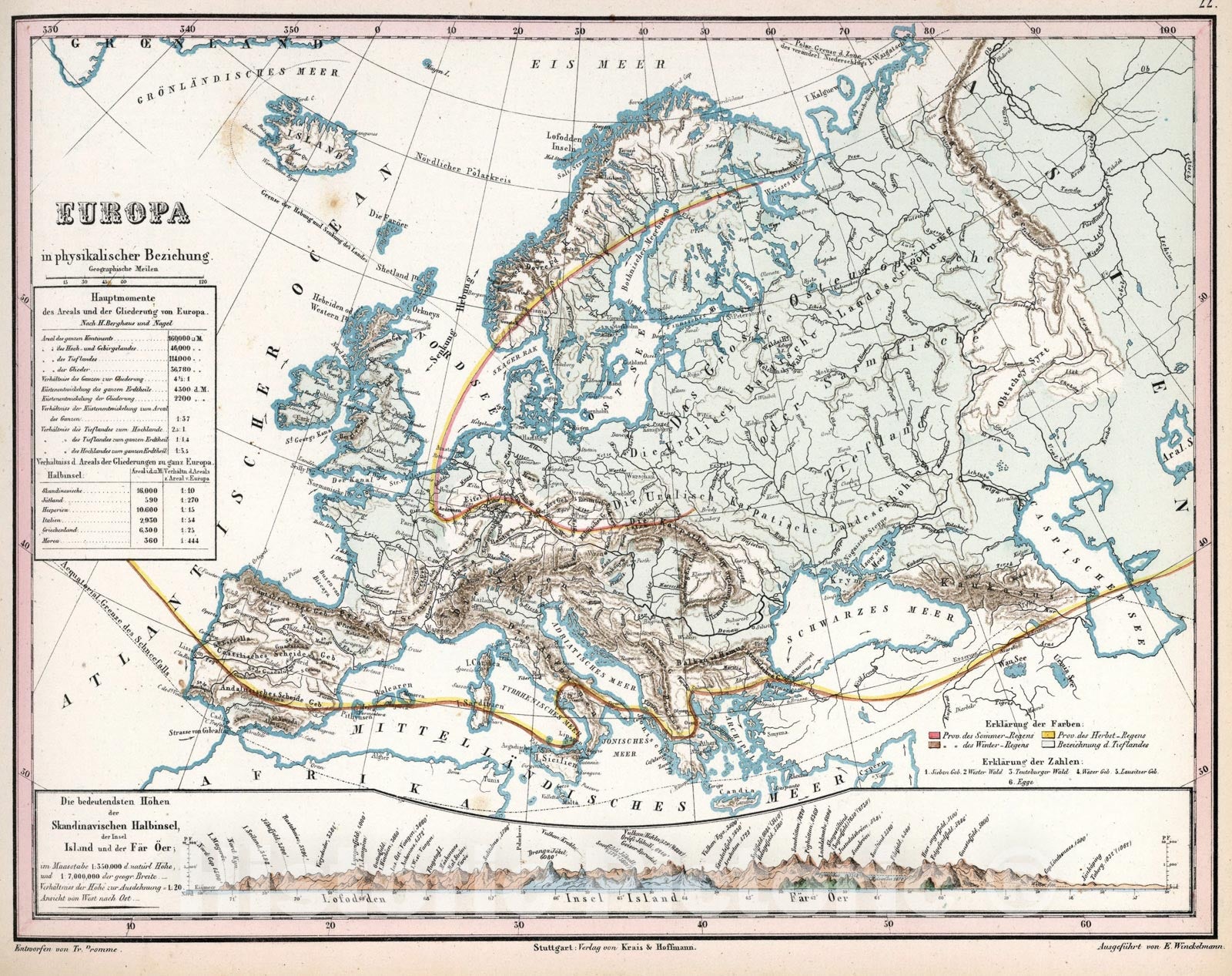 Historic Map : 22. Europa in physikalischer Beziehung, 1851, Vintage Wall Art