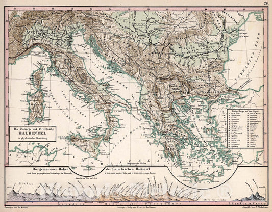Historic Map : 26. Die Italische und Griechische Halbinsel in physikalischer Beziehung, 1851, Vintage Wall Art