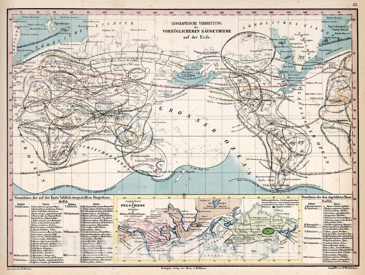 Historic Map : 32. Geographische Verbreitung der vorzÃ¼glichsten SÃ¤ugethiere auf der Erde, 1851, Vintage Wall Art