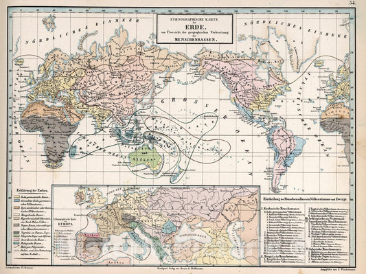 Historic Map : 34. Ethnographische Karte der Erde, 1851, Vintage Wall Art
