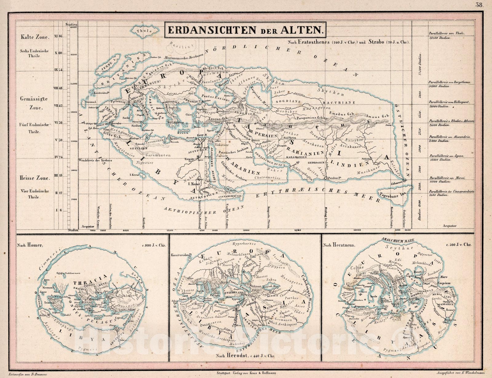 Historic Map : 38. Erdansichten der Alten. Nach Eratosthenes (200 J. v. Chr.) und Strabo (20 J. n. Chr.), 1851, Vintage Wall Art