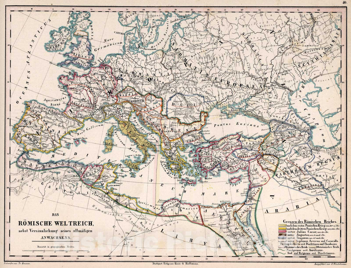 Historic Map : 40. Das Romische Weltreich, nebst Versinnlichung seines allmaligen Anwachsens, 1851, Vintage Wall Art