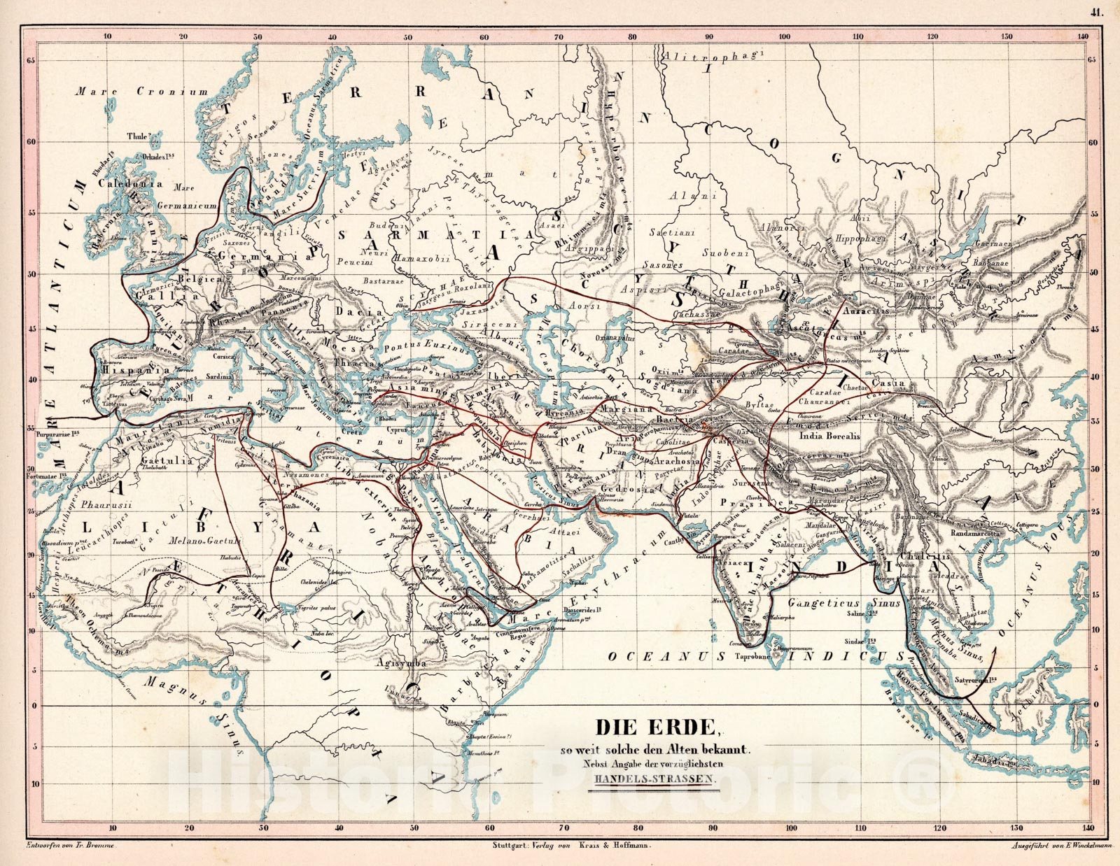 Historic Map : 41. Die Erde, so weit solche den Alten bekannt. Nebst Angabe der vorzÃ¼glichsten Handels-Strassen, 1851, Vintage Wall Art