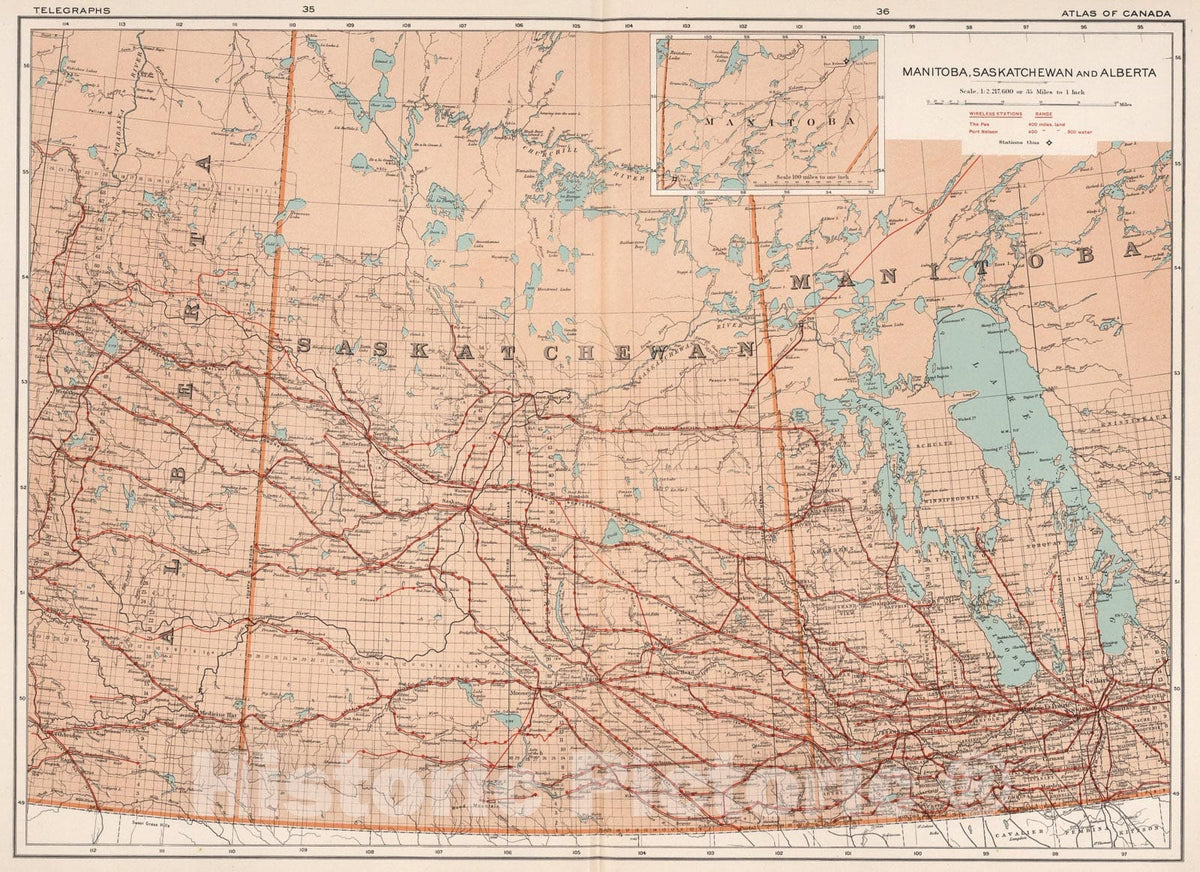 Historic Map : Manitoba, Saskatchewan and Alberta. Telegraphs, 1915, Vintage Wall Art
