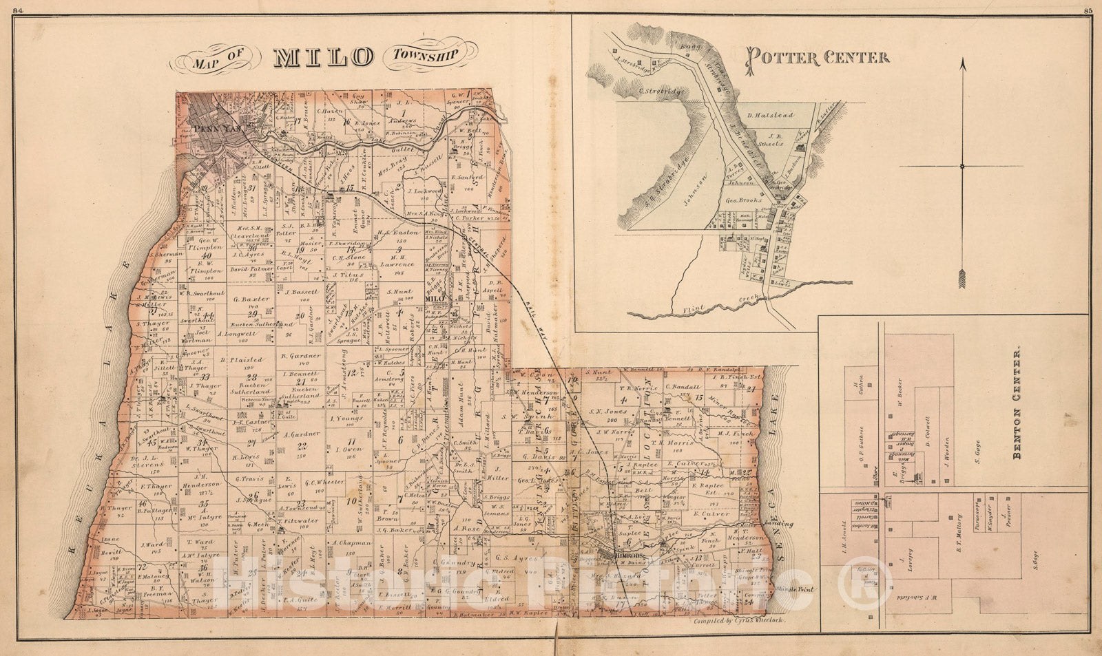 Historic Map : Milo Township, Yates County, New York. Potter Center. Benton Center., 1876, Vintage Wall Art