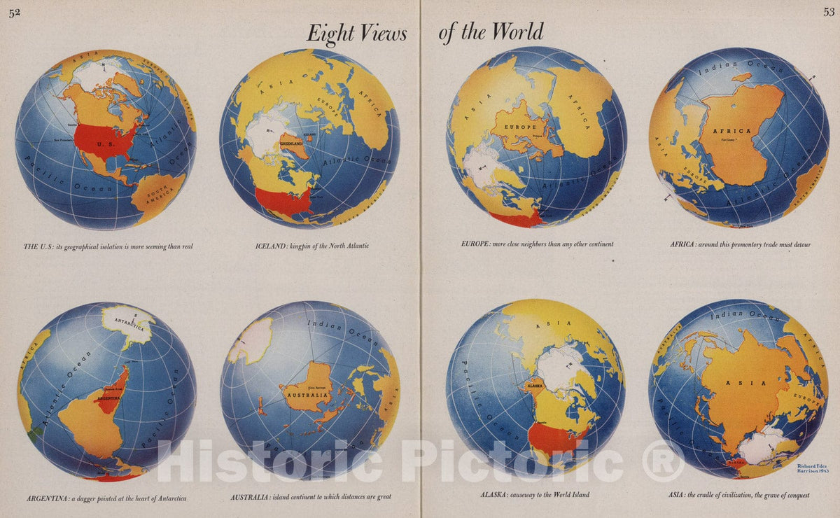 Historic Map : Eight Views Of The World, 1944, Vintage Wall Art