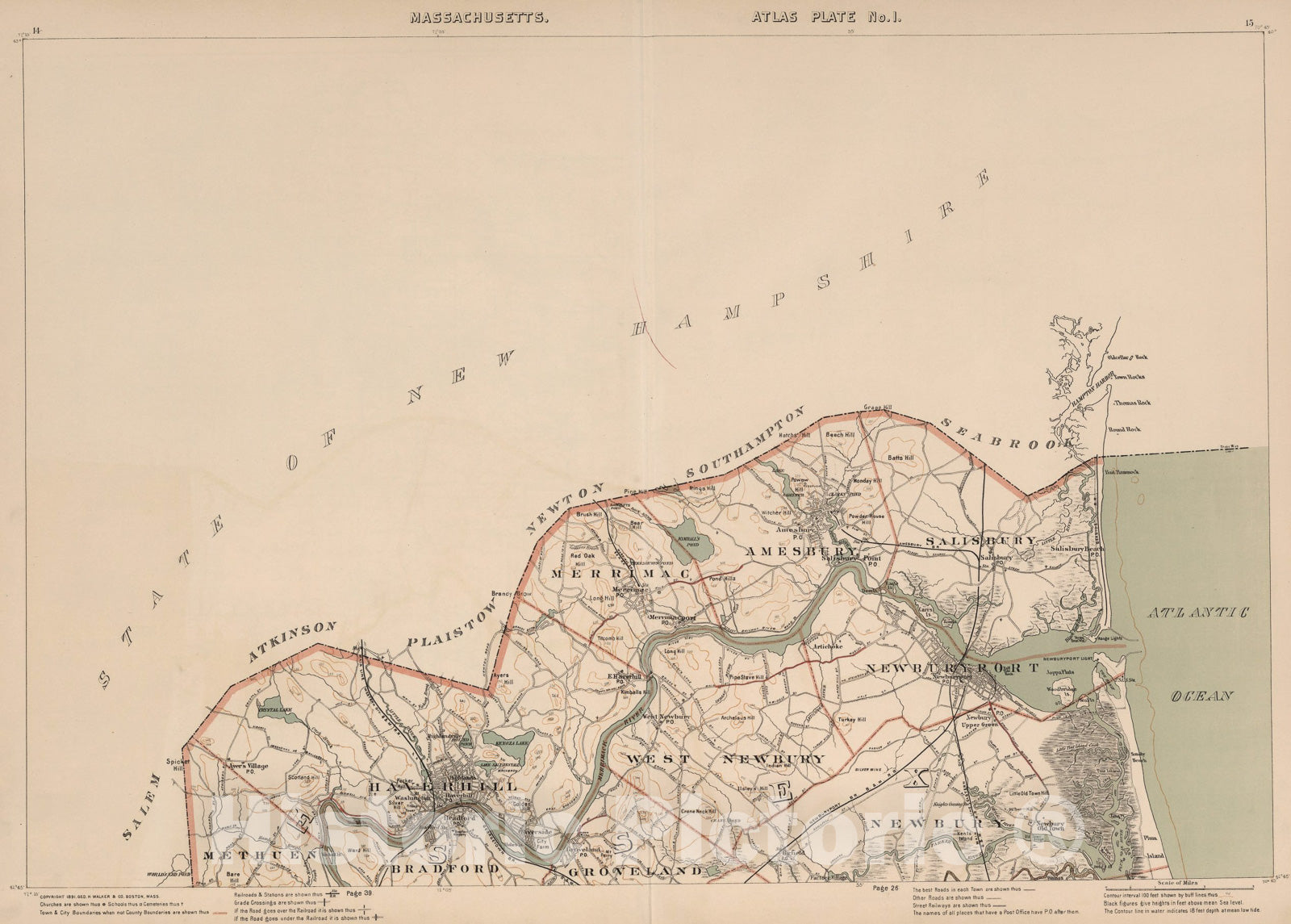 Historic Map : Massachusetts. Atlas Plate No. 1., 1891, Vintage Wall Art