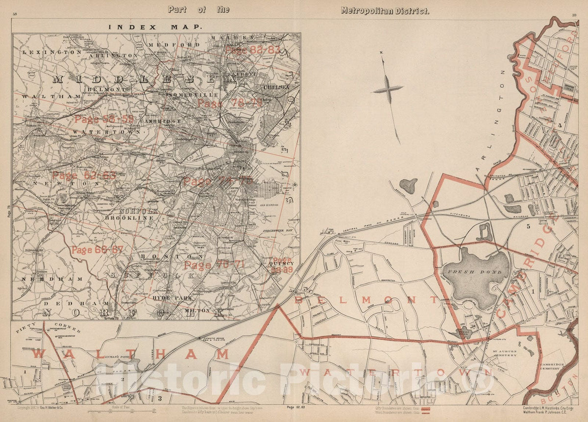 Historic Map : Index Map (of Boston), Massachusetts. Part of the Metropolitan District., 1891, Vintage Wall Art