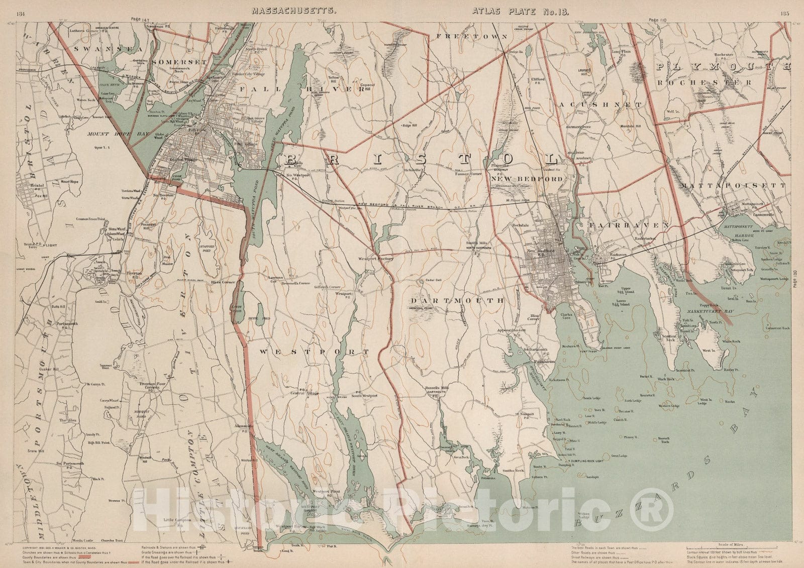 Historic Map : Massachusetts. Atlas Plate No. 13., 1891, Vintage Wall Art