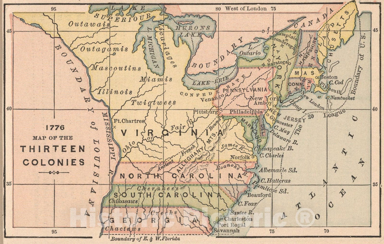 Thirteen Colonies, 1885 - Historical Map Print from Bradstreet's Pocket Atlas