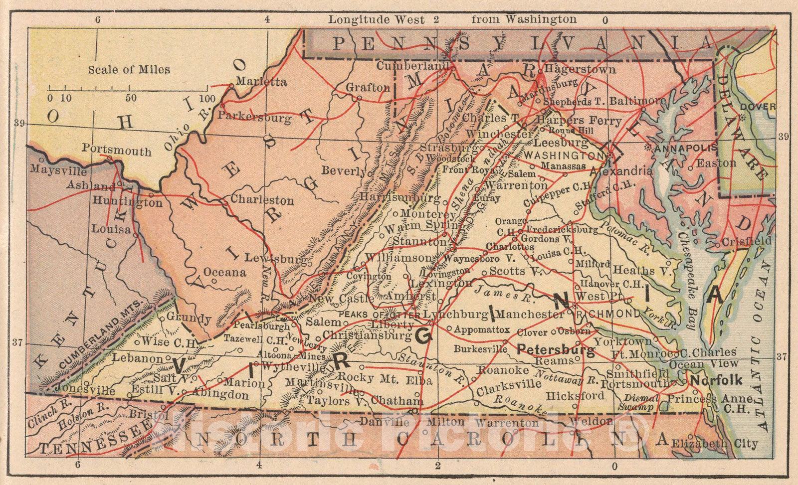 Historic Map : Virginia, 1885, Vintage Wall Art