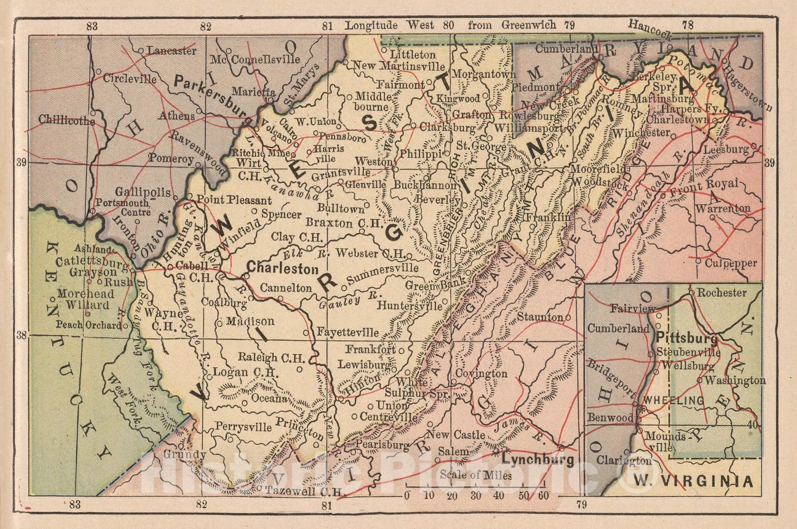 Historic Map : West Virginia, 1885, Vintage Wall Art