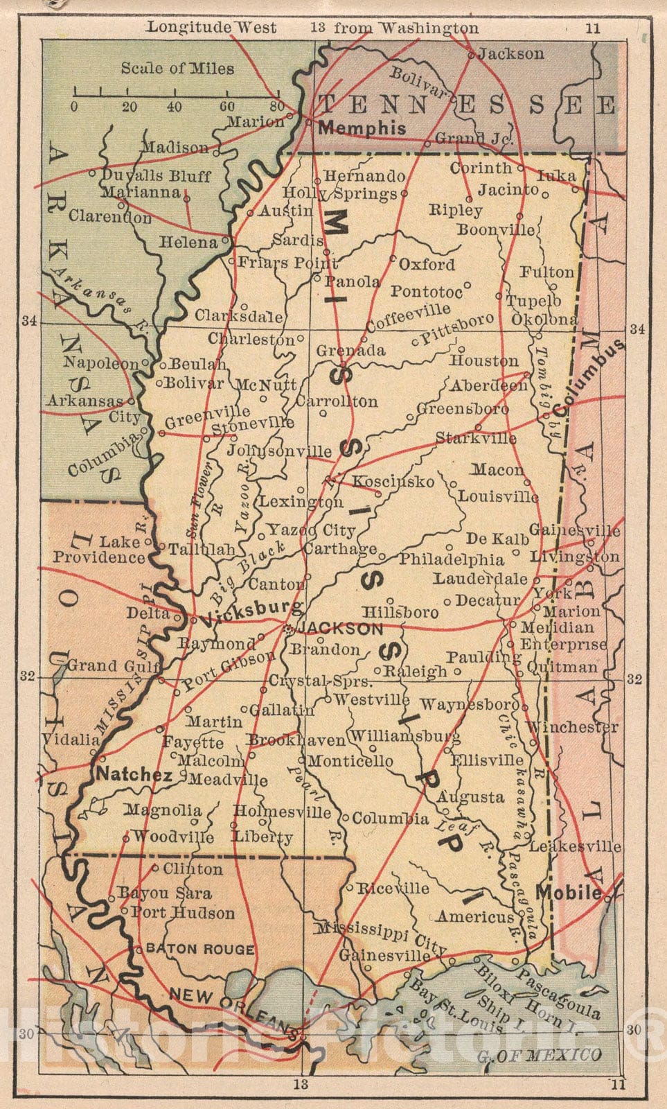 Historic Map : Mississippi, 1885, Vintage Wall Art