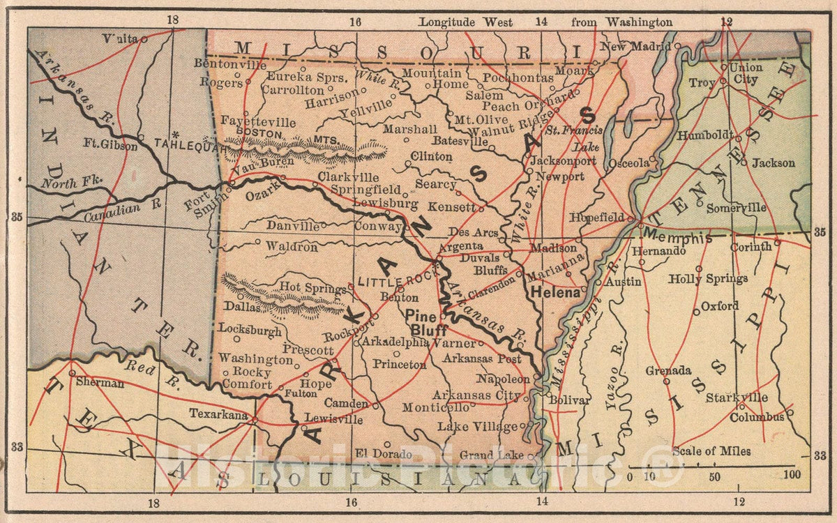 Historic Map : Arkansas, 1885, Vintage Wall Art