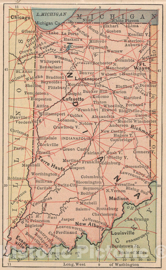 Historic Map : Indiana, 1885, Vintage Wall Art