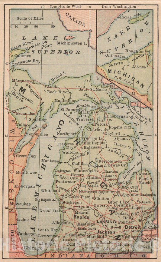Historic Map : Michigan, 1885, Vintage Wall Art
