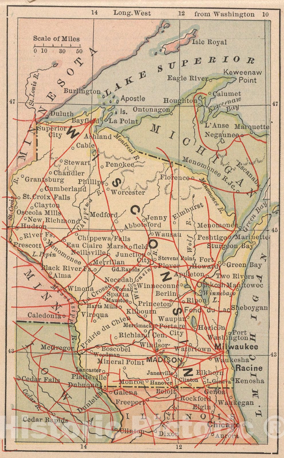 Historic Map : Wisconsin, 1885, Vintage Wall Art