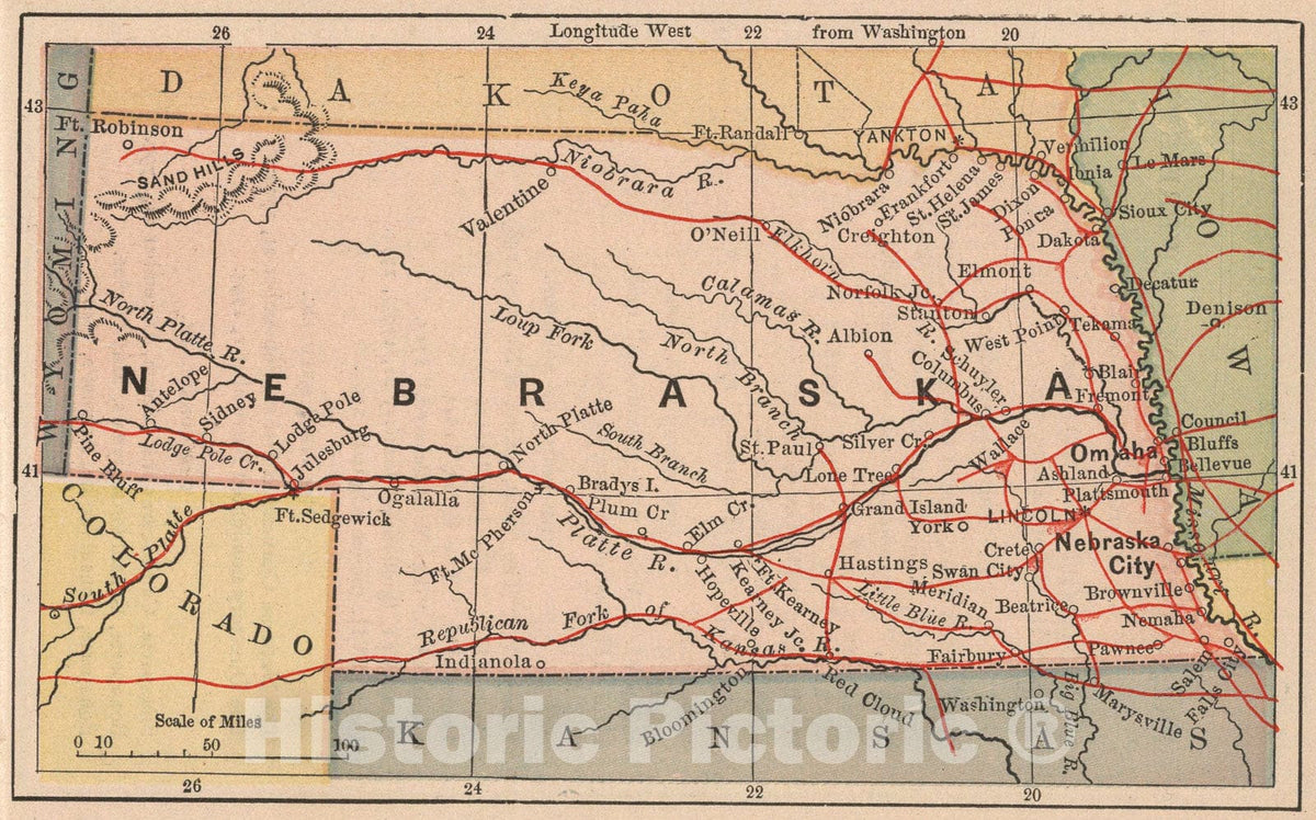 Historic Map : Nebraska, 1885, Vintage Wall Art