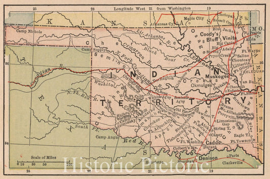 Historic Map : Indian Territory, 1885, Vintage Wall Art