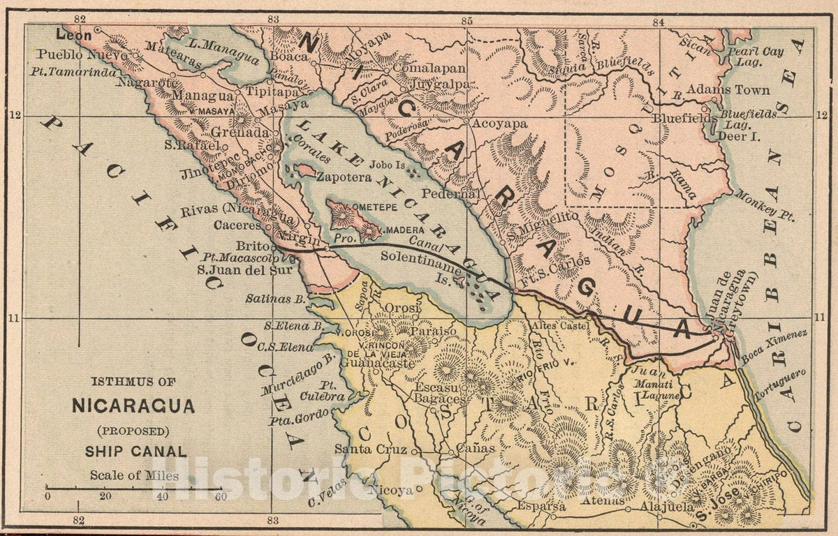 Historic Map : Isthmus of Nicaragua, 1885, Vintage Wall Art