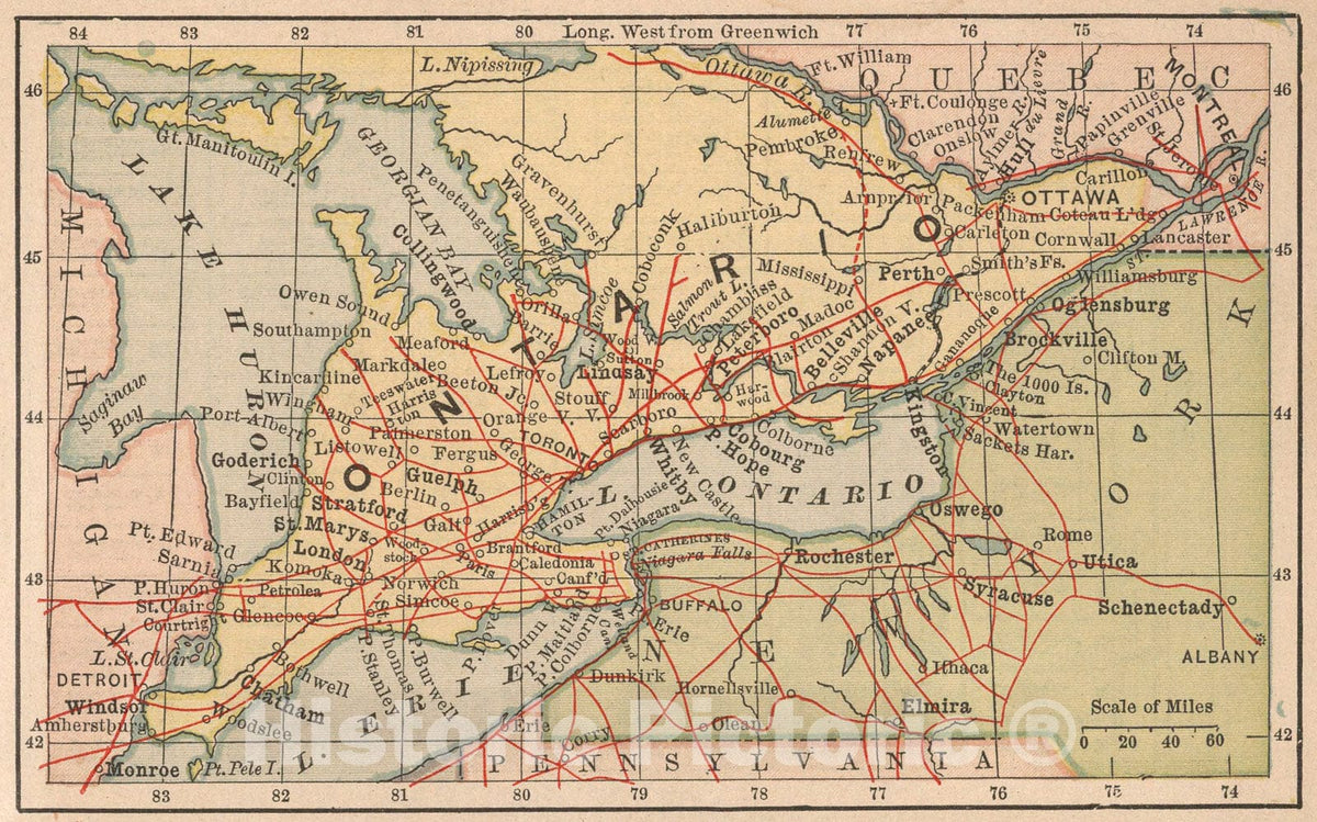 Historic Map : Ontario, 1885, Vintage Wall Art