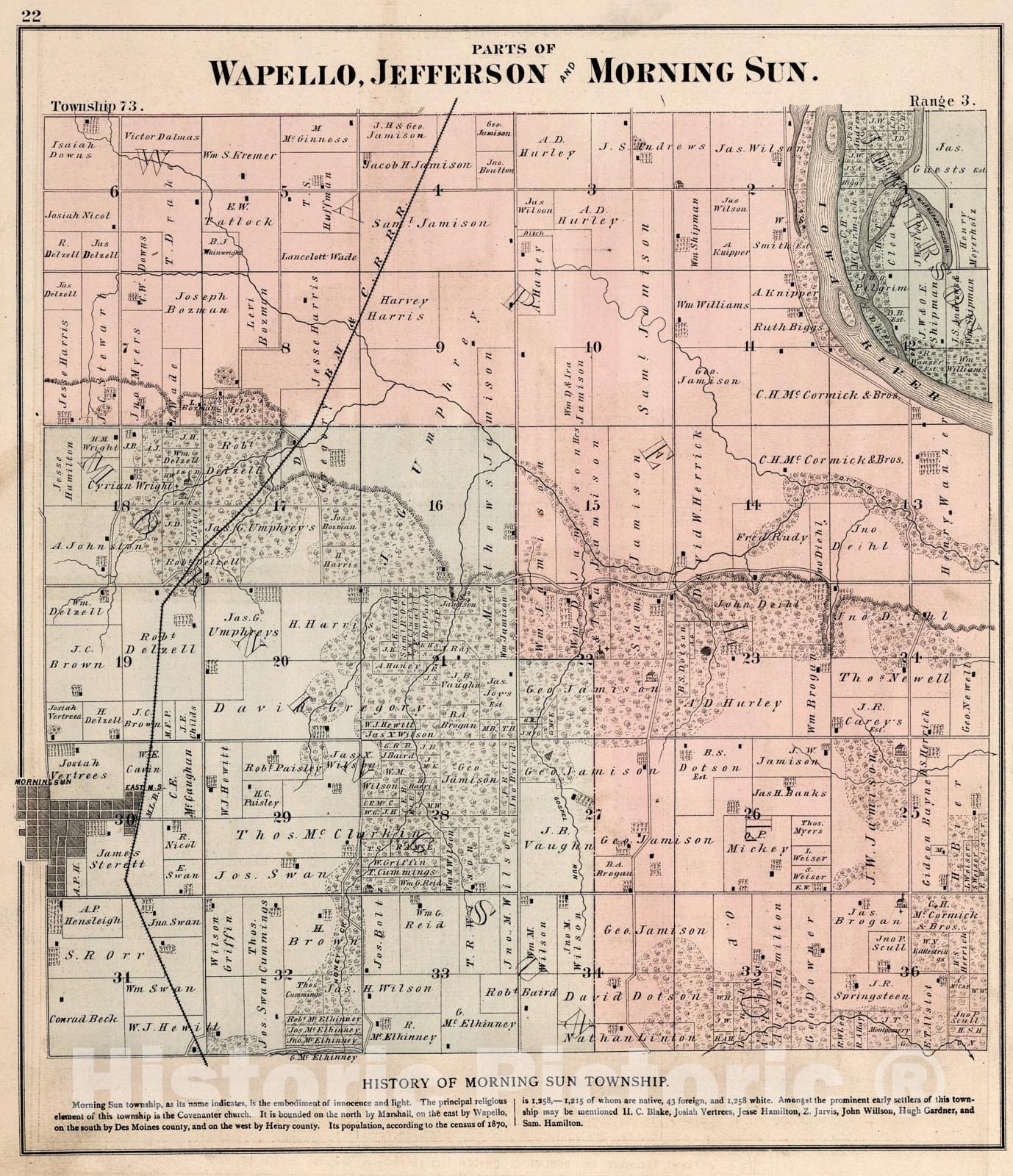 Historic Map : Parts of Wapello, Jefferson and Morning Sun, Louisa County, Iowa., 1874, Vintage Wall Art