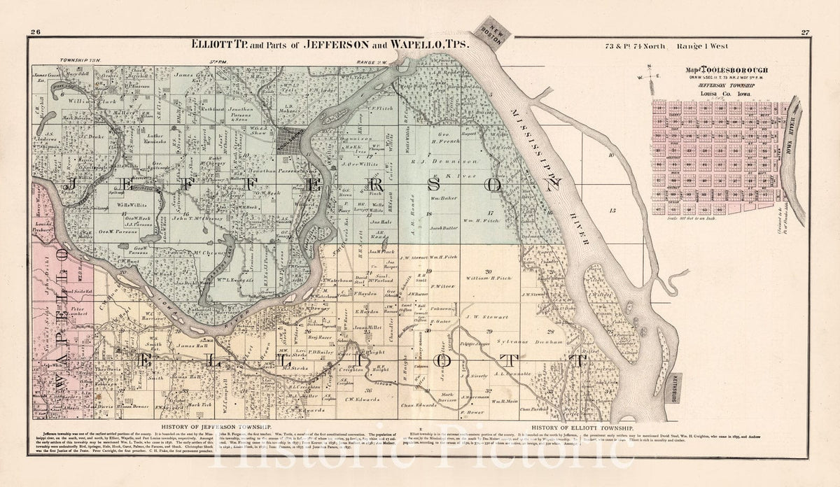Elliott Township and Toolesborough, Louisa County, Iowa - Property Map, 1874
