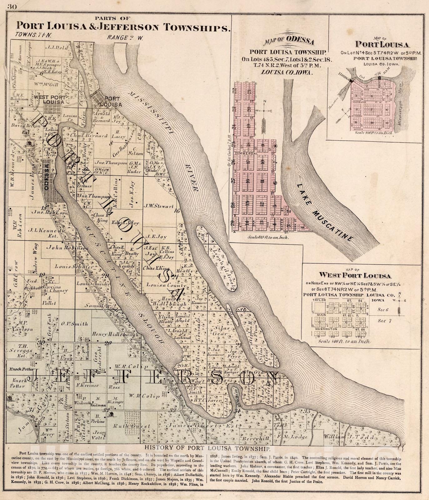 Historic Map : Port Louisa & Jefferson Townships. Odessa. Port Louisa. West Port Louisa, Louisa County, Iowa., 1874, Vintage Wall Art