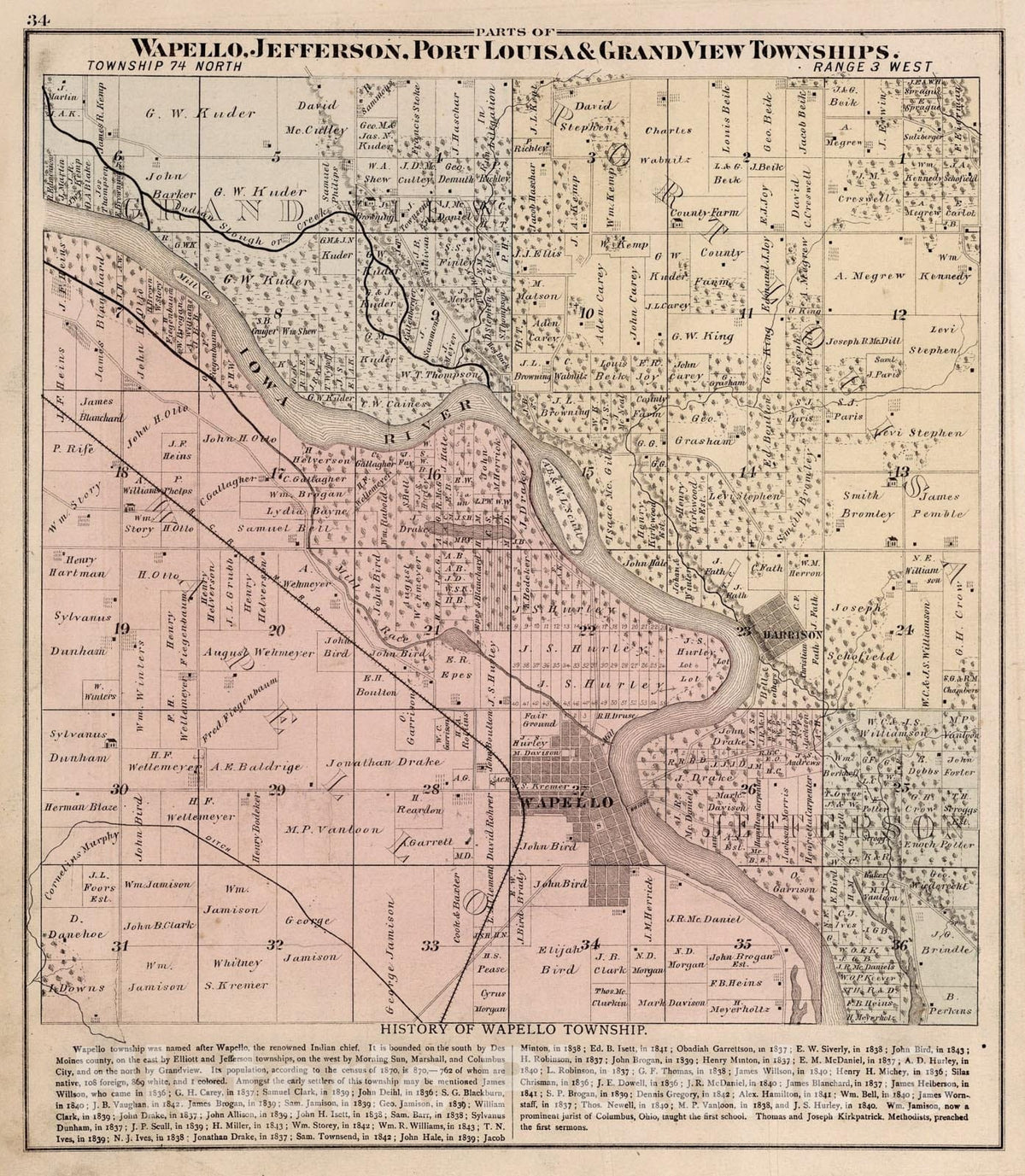 Historic Map : Wapello, Jefferson, Port Louisa & Grand View Townships, Louisa County, Iowa., 1874, Vintage Wall Art