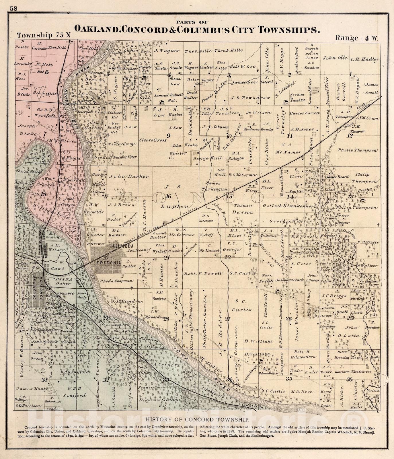 Historic Map : Parts of Oakland, Concord & Columbus City Townships, Louisa County, Iowa., 1874, Vintage Wall Art